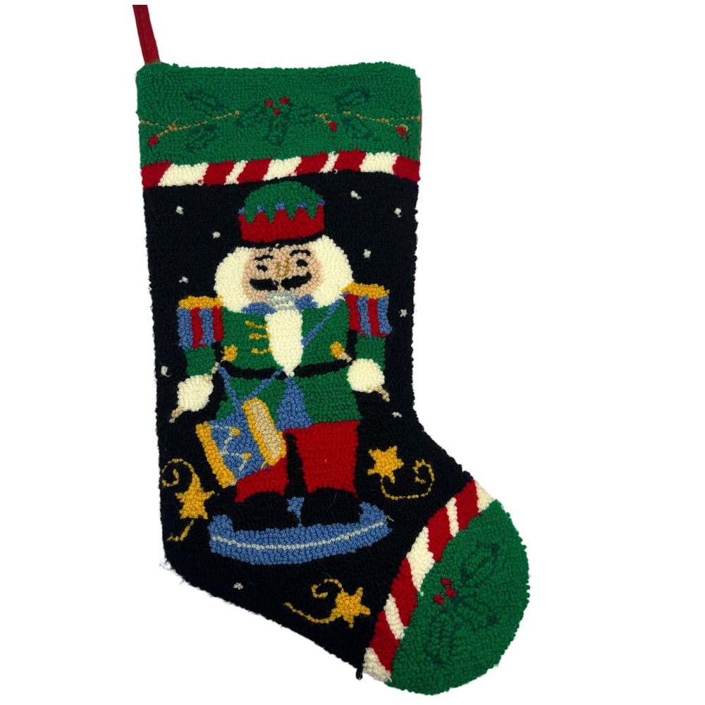 Vintage Hand Hooked Wool Christmas Stocking Nutcracker Soldier Holiday Decor 18"